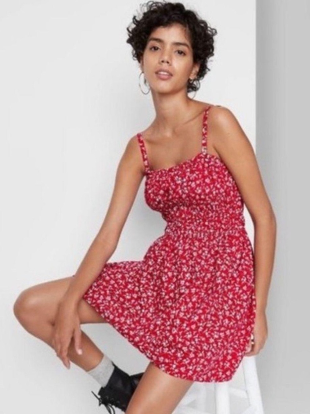 wild fable Red Floral Smocked Mini Dress